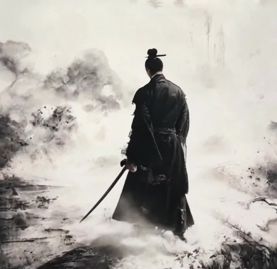 一个身穿黑色长袍、头顶发髻的男子背对着观众，站在水