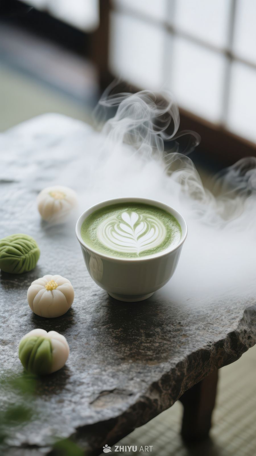 热气腾腾的抹茶拿铁与甜点