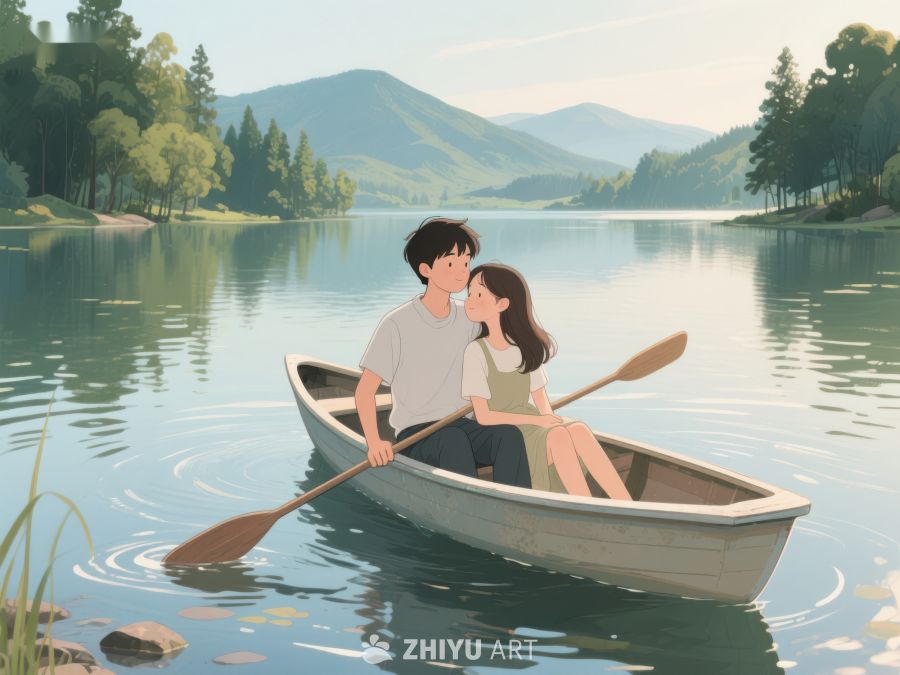 湖上划船的浪漫情侣 321
