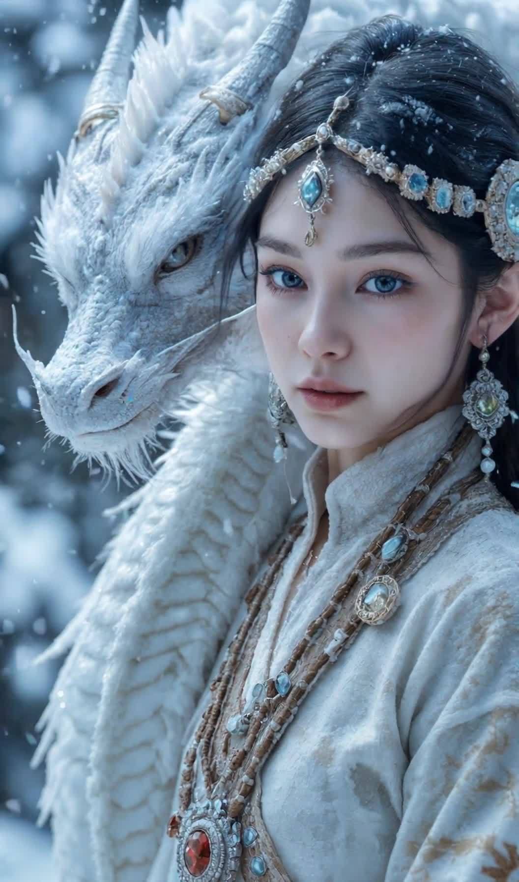 一位年轻女子和一条白色的龙出现在画面中。女子的头发