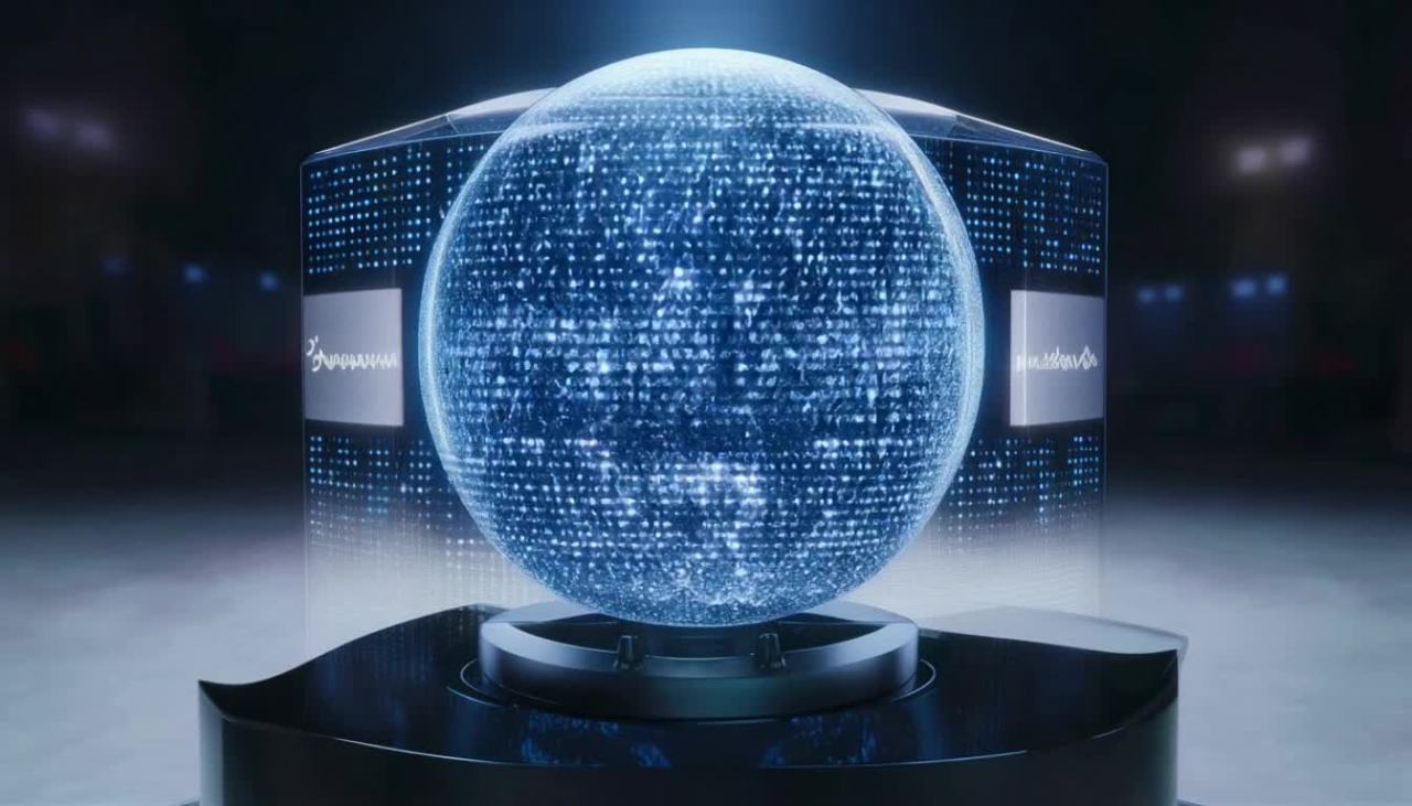 音箱中部展示了一个球形的3D显示器，显示器呈半透明