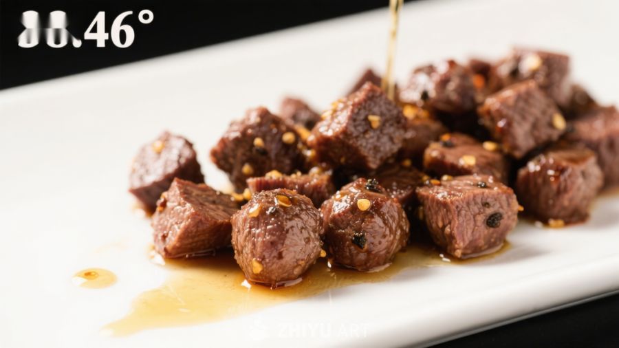 酱汁淋洒牛肉粒