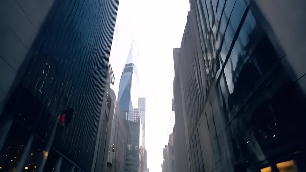 高耸的摩天大楼林立在街道两侧，建筑外墙多为玻璃和混
