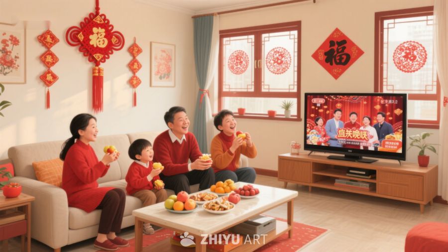 家庭欢聚观看春节晚会 475