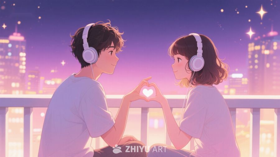 夜景下耳机情侣手比心形 552