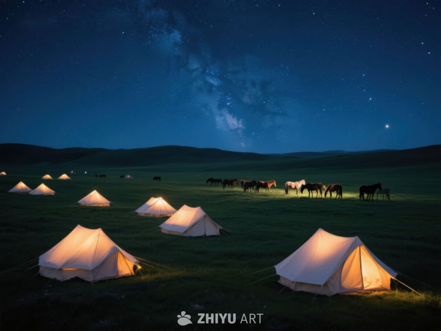 星空下的帐篷营地与马群 225