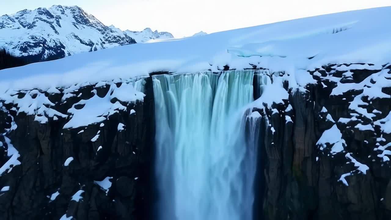 一座雪覆盖的高山顶峰，一个雄伟的瀑布从岩石峭壁上倾