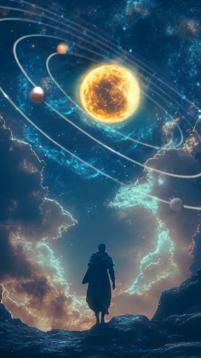 星空长袍人：星球轨迹下的孤独背影