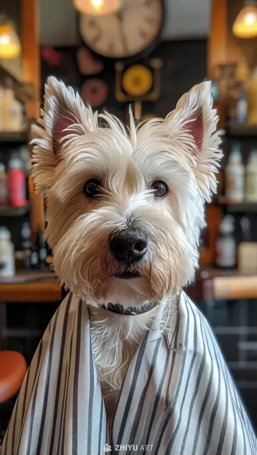 一只西高地白梗犬，身穿理发店的条纹围布，脖子上戴着