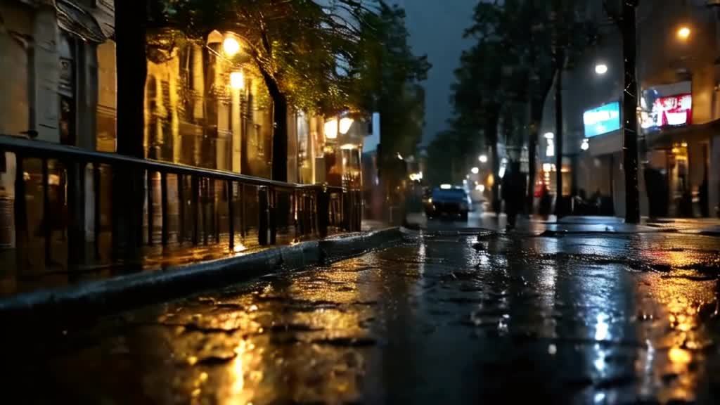 夜间，湿漉漉的街道上反射着灯光，街道两旁是房屋和树