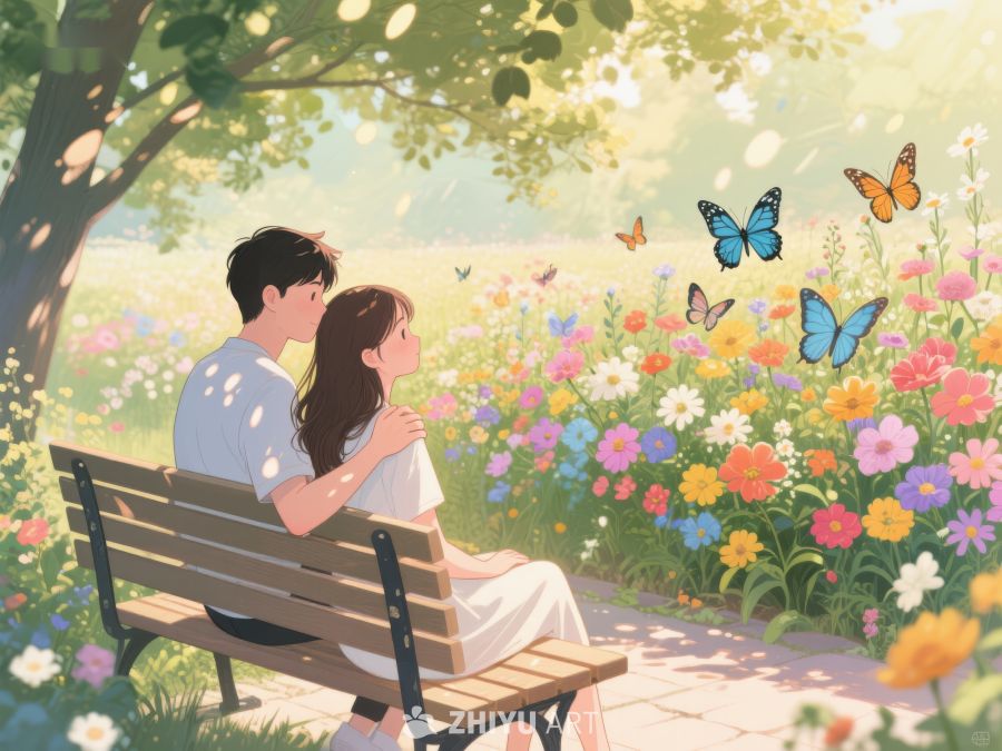 情侣公园长椅上相拥，蝴蝶花海环绕 530