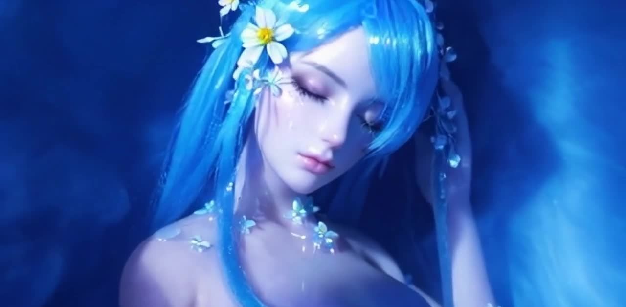 画面展现一位女性特写，她拥有蓝色长发，发丝间点缀着