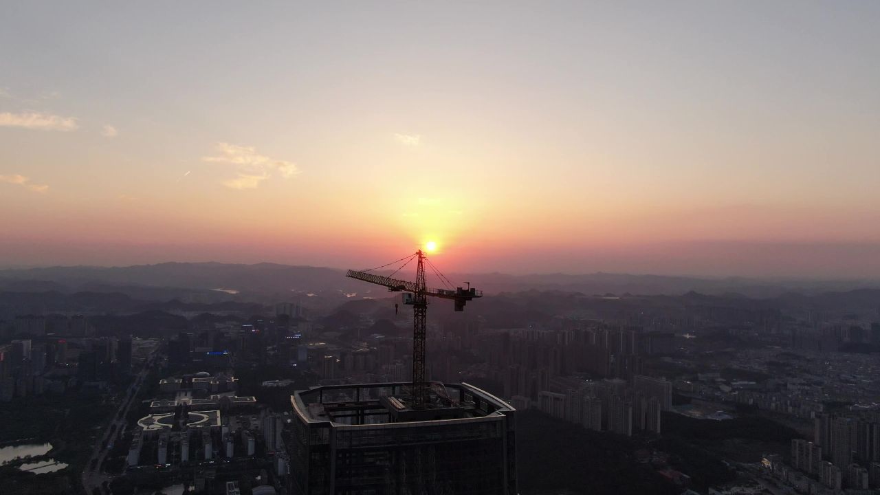 城市日落晚霞夕阳风景航拍 