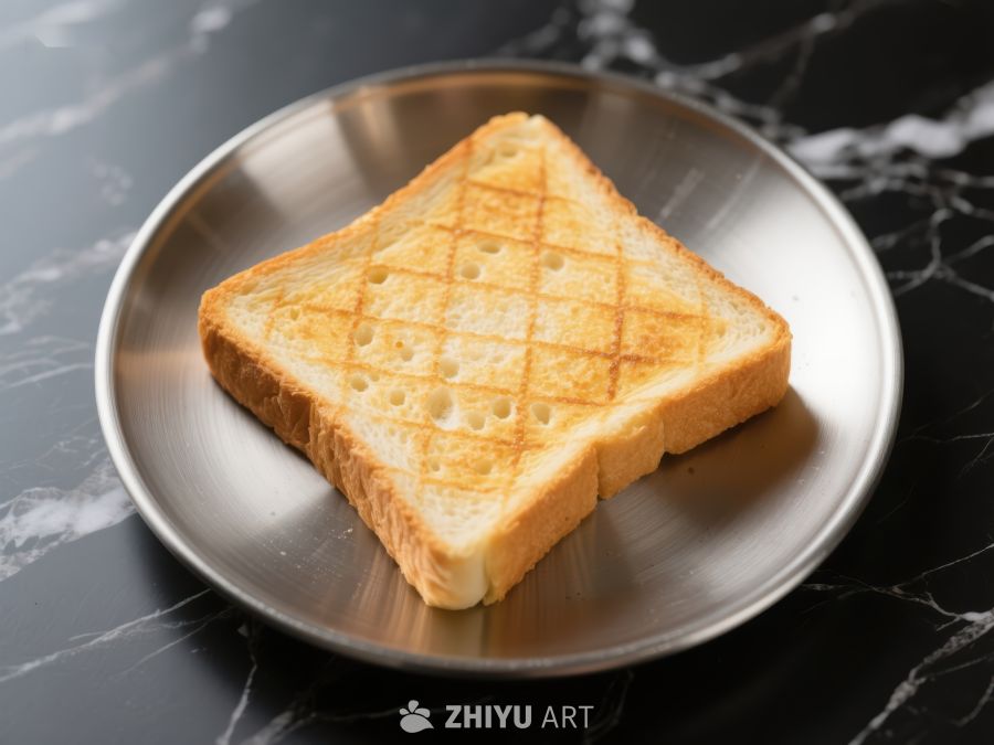 金黄色烤面包片置于金属盘中 260