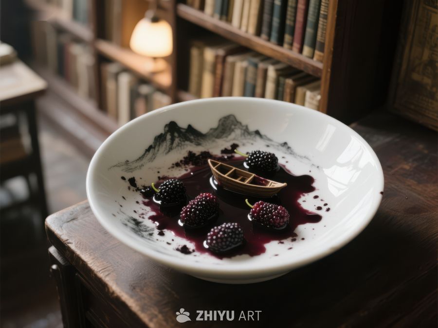 黑莓盘中景，书架旁的艺术摆设 180