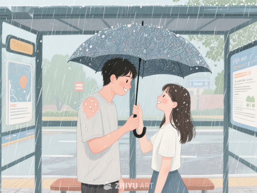 雨中公交站的温馨一幕 1152