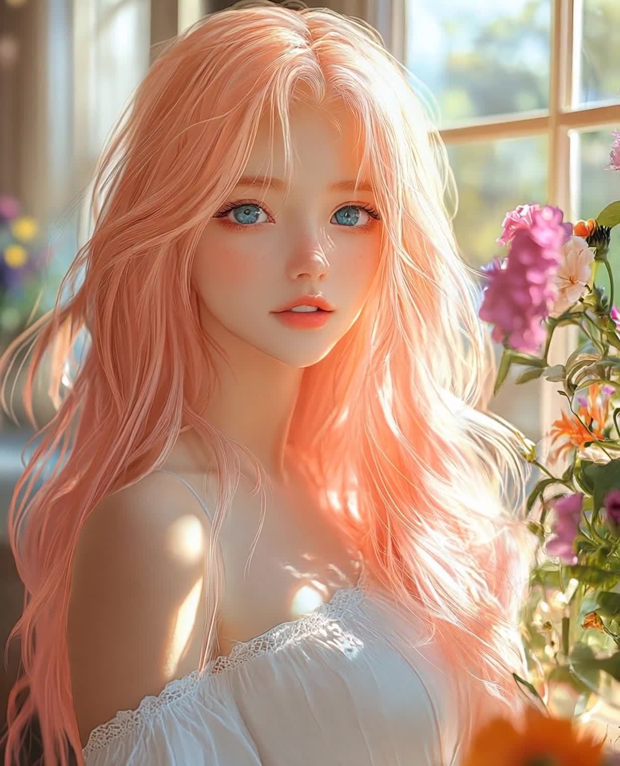 粉发蓝眼白裙少女与窗边鲜花