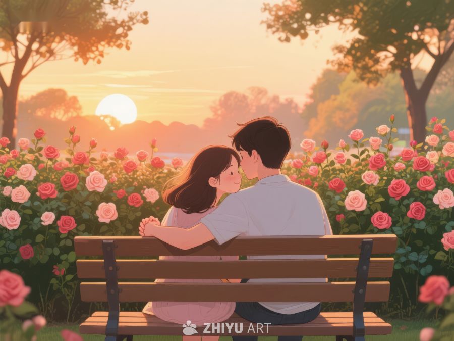 夕阳下情侣公园长椅相拥 935