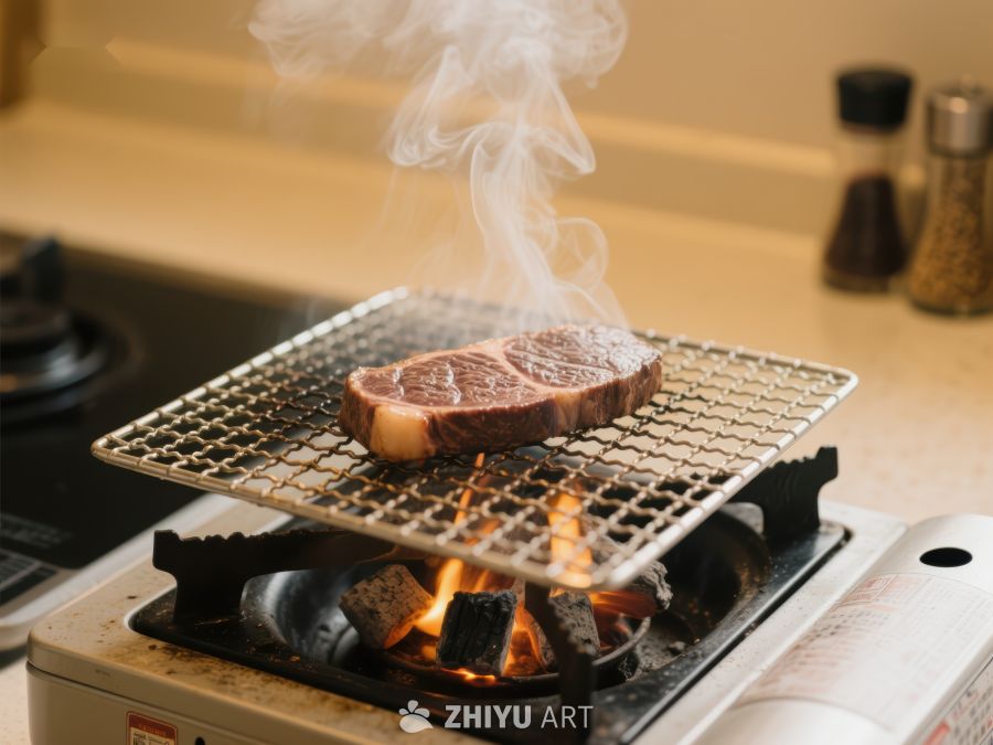 铁板上烤制的牛排冒着热气