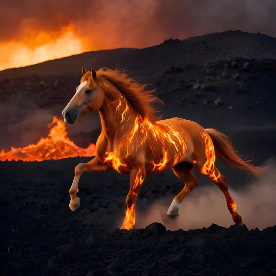 一匹火焰般的马在火山地形上疾驰，它的蹄子踢起灰烬和