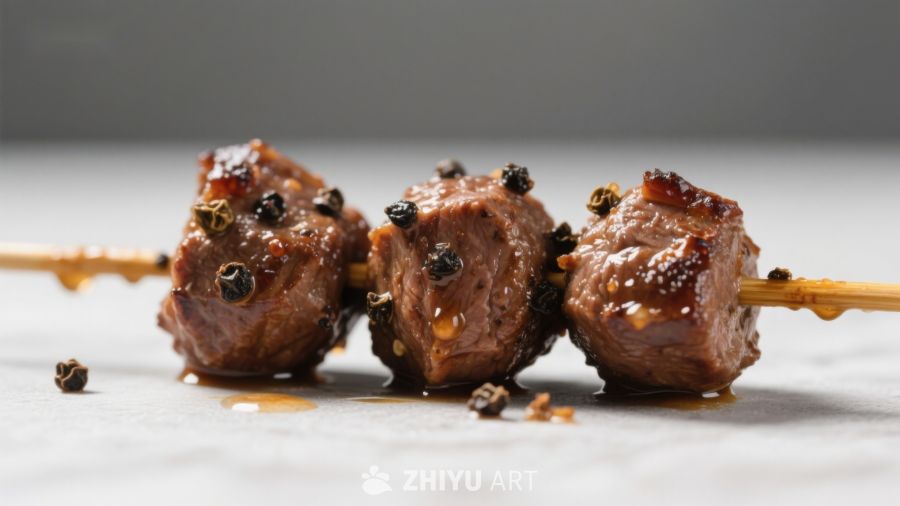 烤肉串上的美味牛肉块