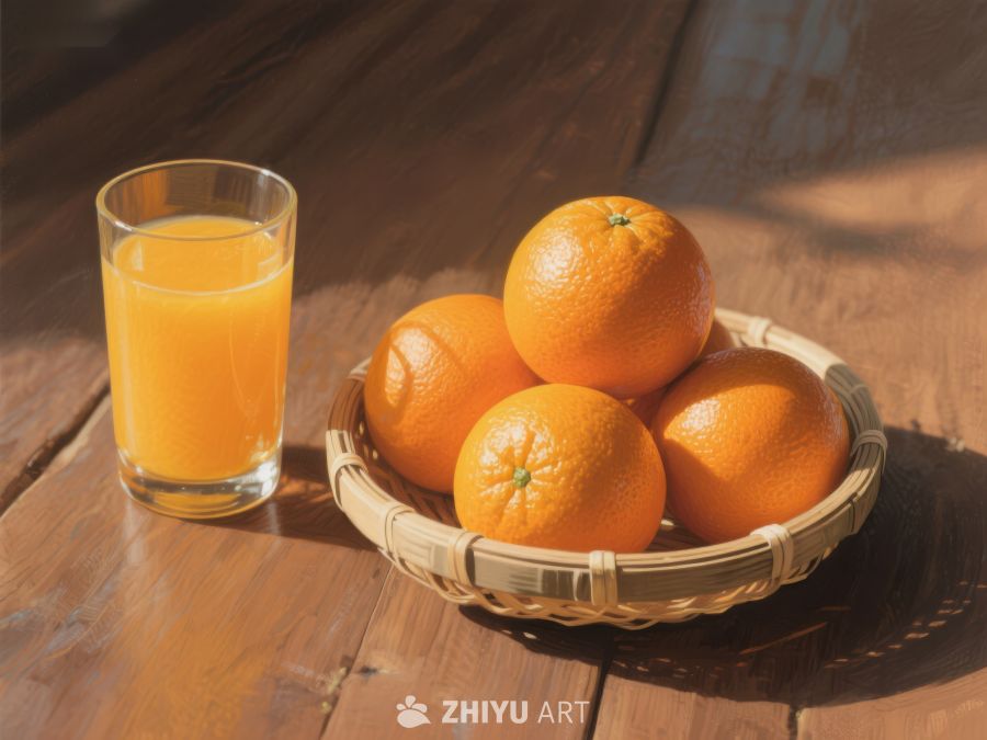 新鲜橙子与橙汁，阳光下的美味 650