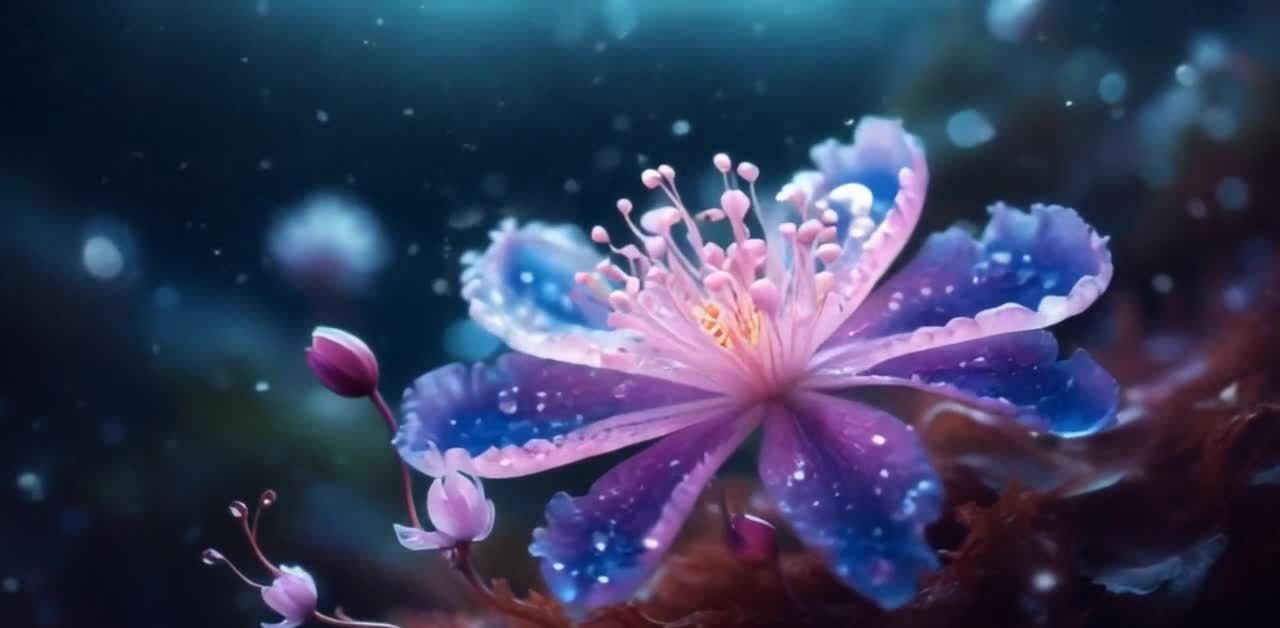 一朵蓝紫色、粉色的花朵，花瓣边缘呈波浪状，覆盖着点