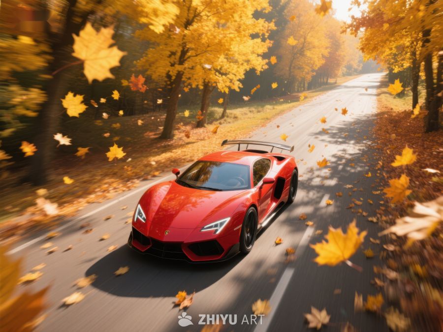 红色跑车在秋日林间道路上疾驰 134