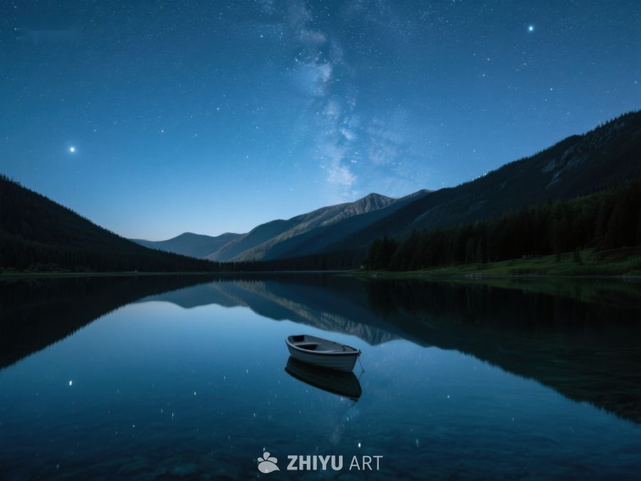 夜空下的静谧湖面与孤舟 348