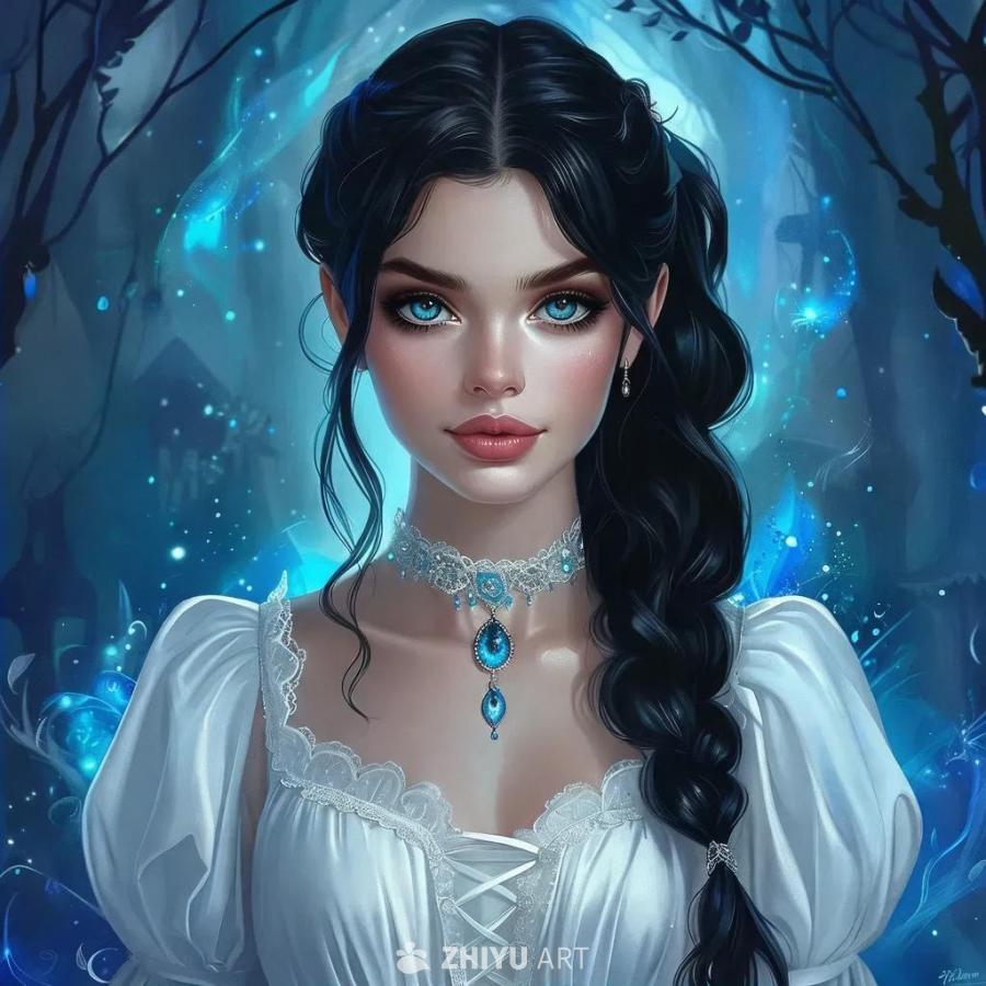 一个少女站在带有魔法背景的地方，她穿着白色连衣裙，