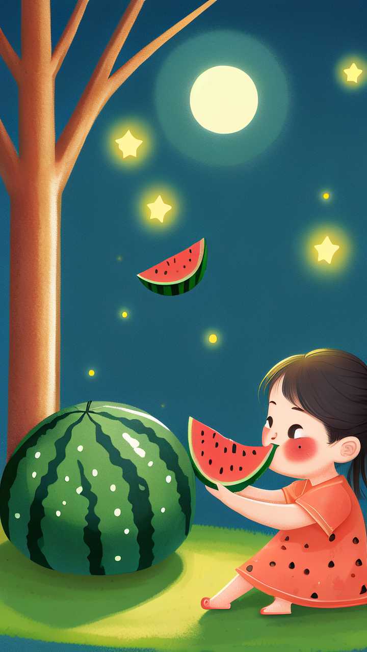 夜晚女孩吃西瓜插画