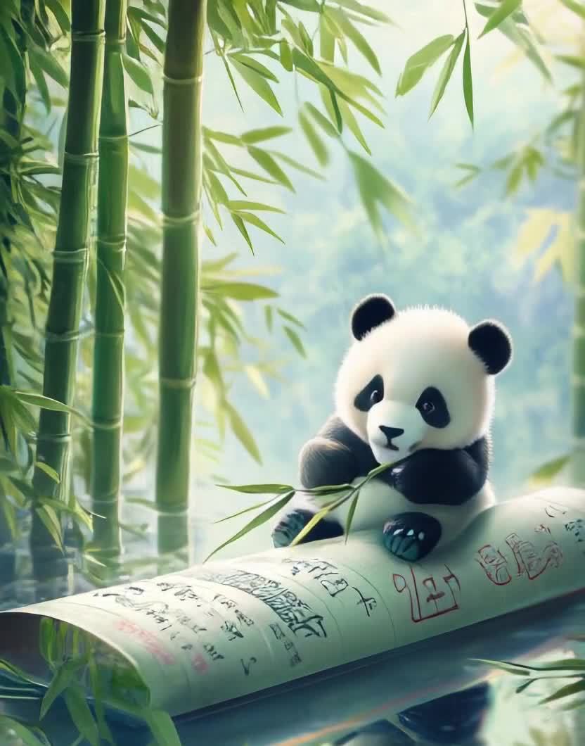 一只熊猫坐在写满文字的卷轴上，卷轴置于水中。熊猫怀
