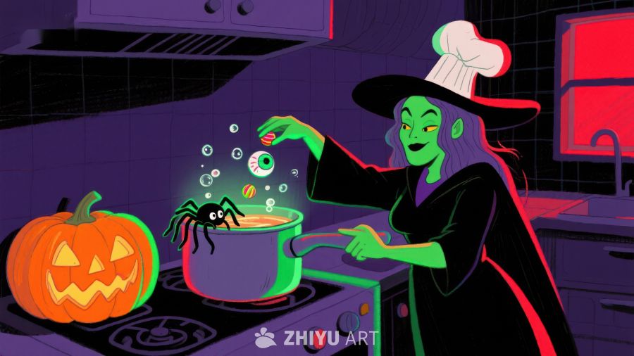 厨房里的女巫正在烹饪魔法药水