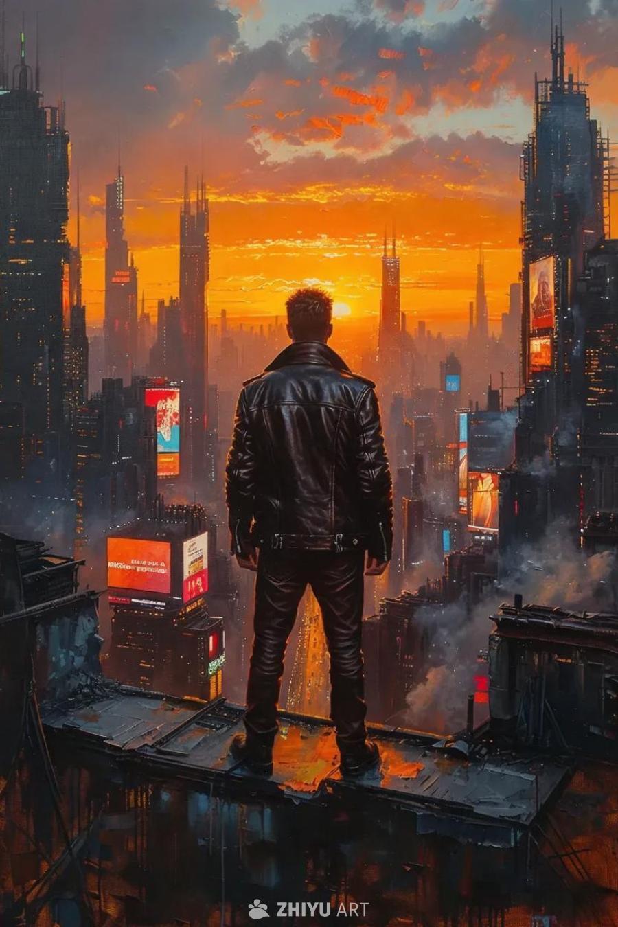 橙红色的夕阳照亮着反乌托邦的大都市，光滑的摩天大楼