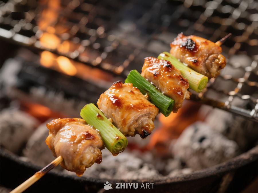 烧烤鸡肉串在炭火上烤制 235