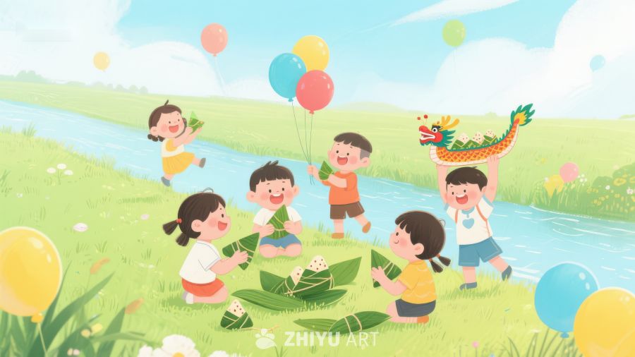 孩子们在河边包粽子庆祝节日 167