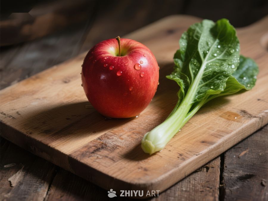 红苹果与青菜置于木板上 73