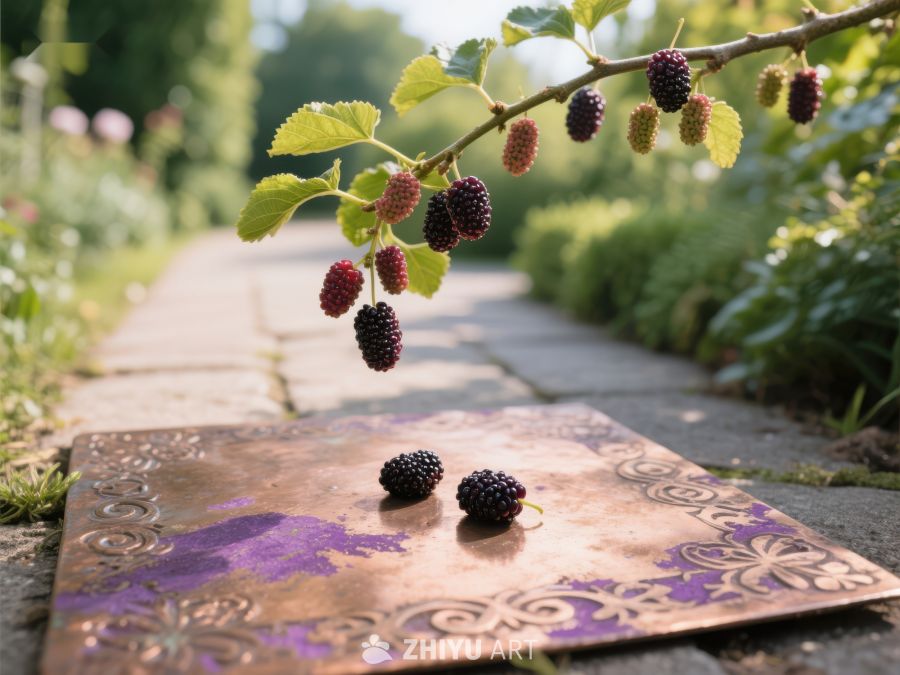 桑葚枝头垂落，紫铜盘静候 454