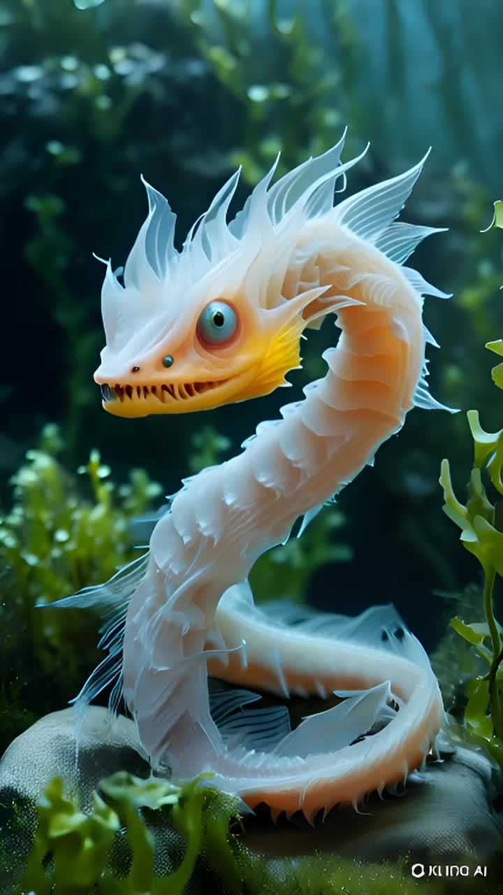 一条水下生物，鳍在波动，脸转向镜头。水下生物有波动