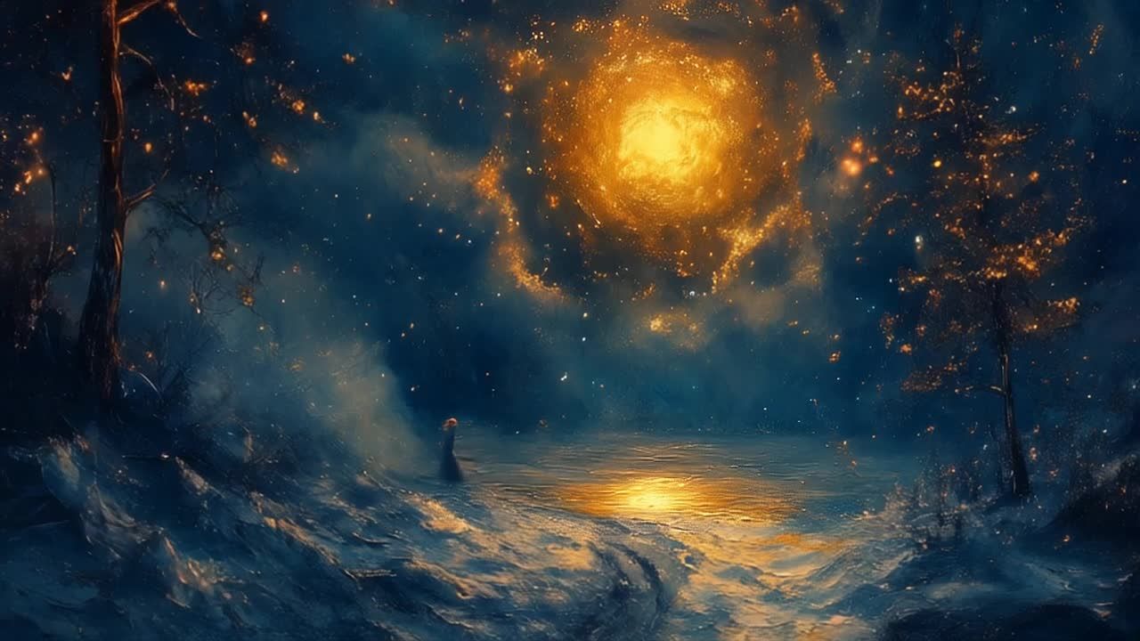 深蓝色的背景下，一个明亮的黄色漩涡状星体悬挂在夜空