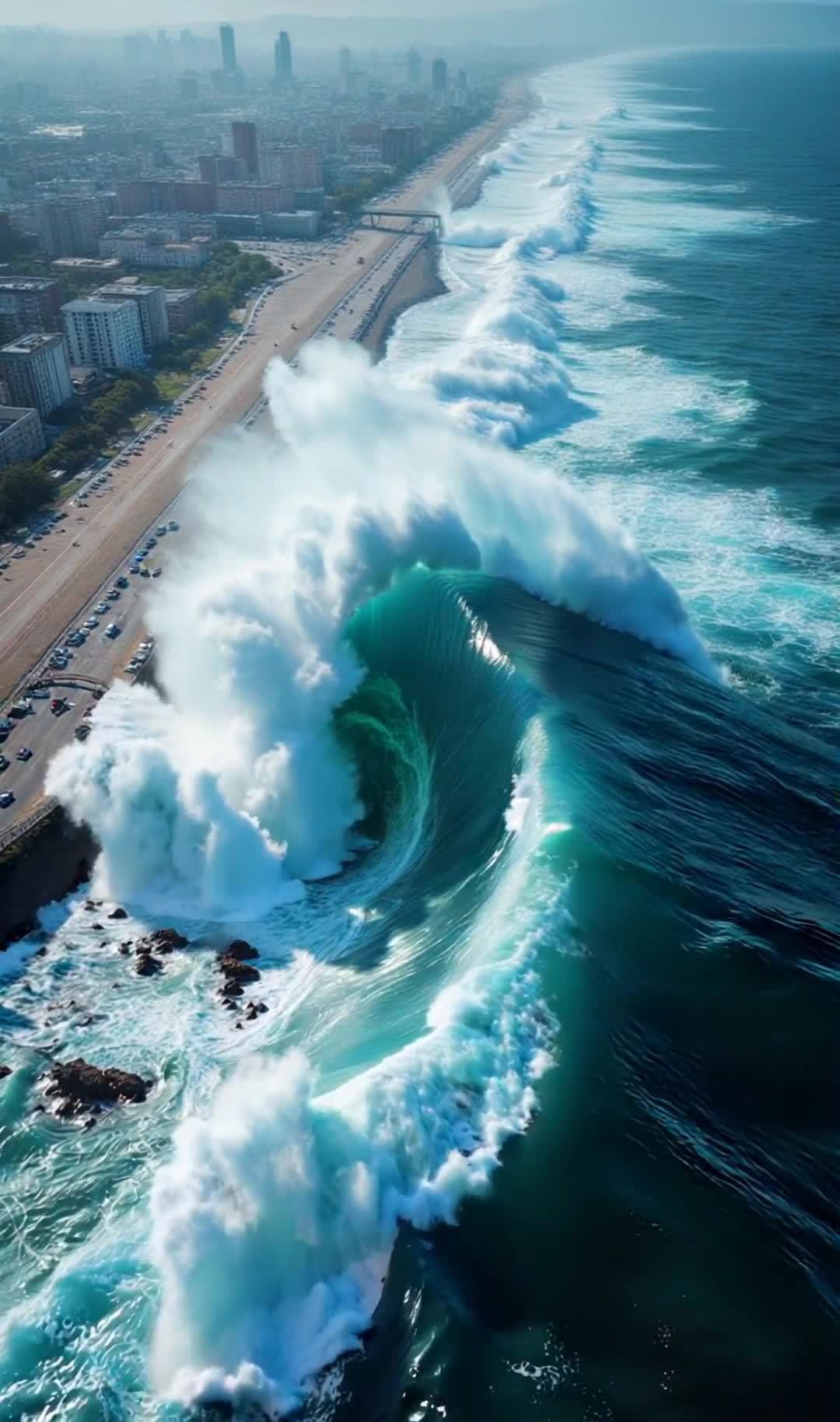 海浪快速翻滚，卷起，冲向城市，浪花很大，浪花冲击着