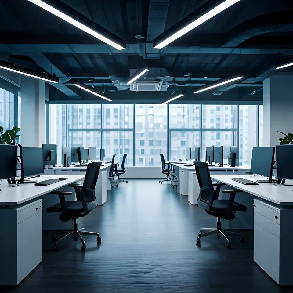 一个空旷的办公室，有许多白色办公桌和黑色办公椅，办