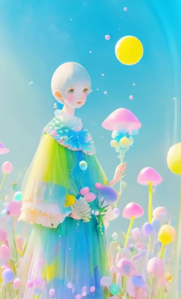 一个留着白色短发的卡通人物，穿着色彩鲜艳的裙子。人