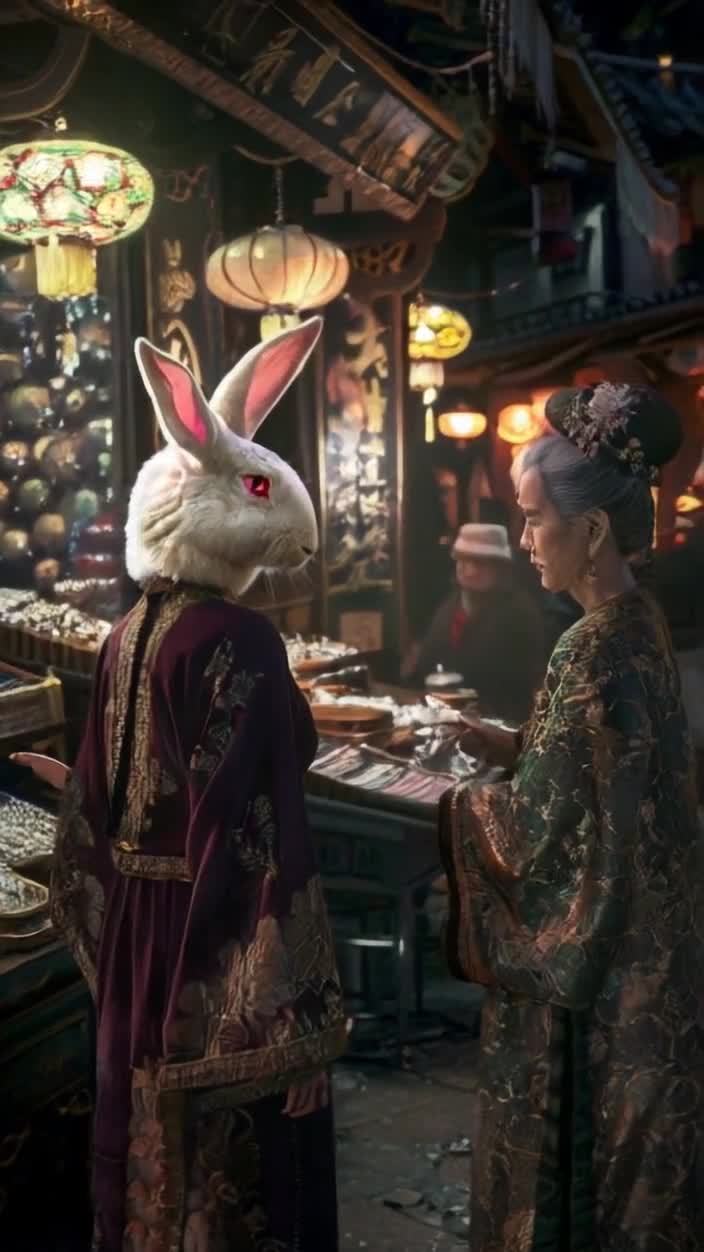 兔妖与老妇人在灯笼下的东方街市交流