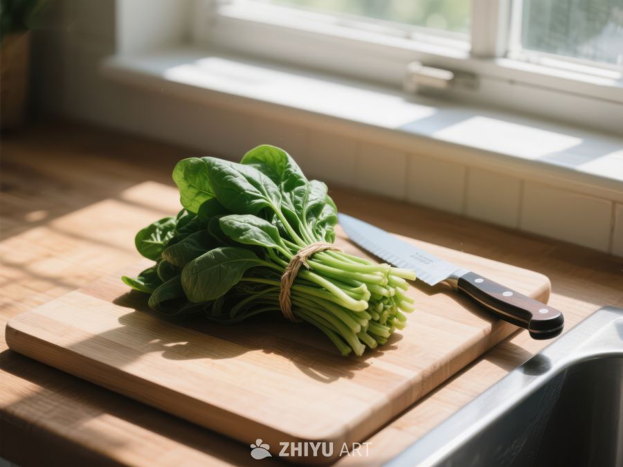 新鲜菠菜与刀具置于砧板上 410