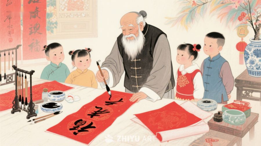 老人与孩童共写春联，喜迎新春 634