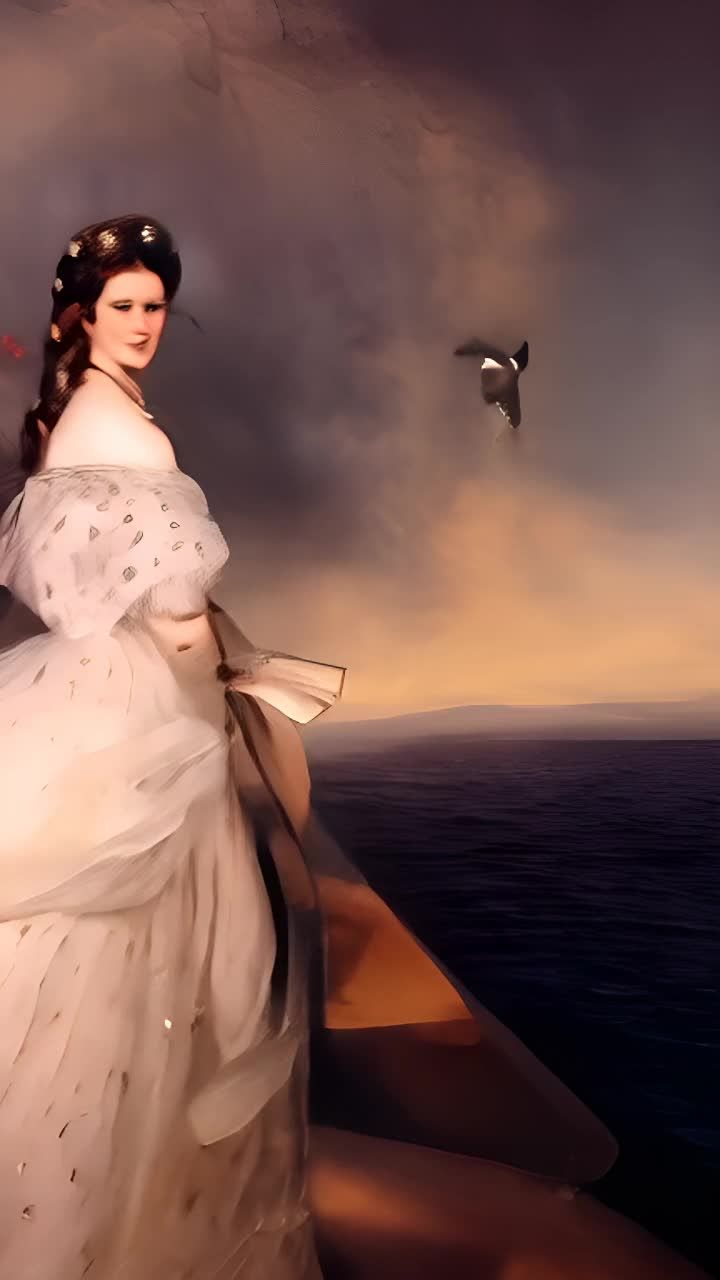 一位穿着白色蓬蓬裙的女士站在阳台上，裙子上有星星图