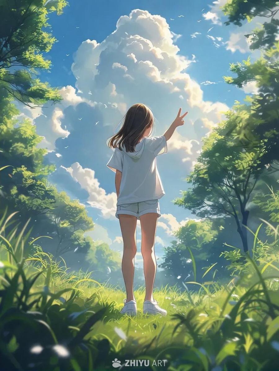 一个年轻的少女蹲在长满草的区域里，背景是树木。她穿
