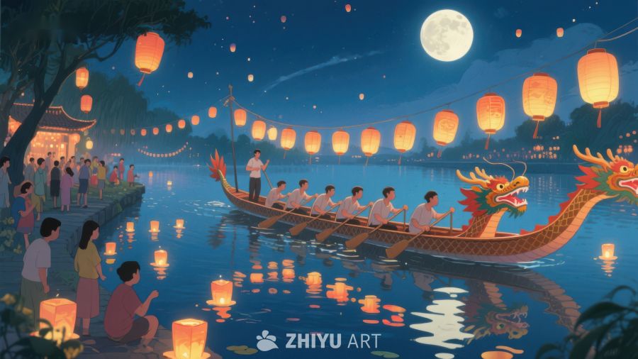 月夜龙舟竞渡，河畔灯火辉煌 446
