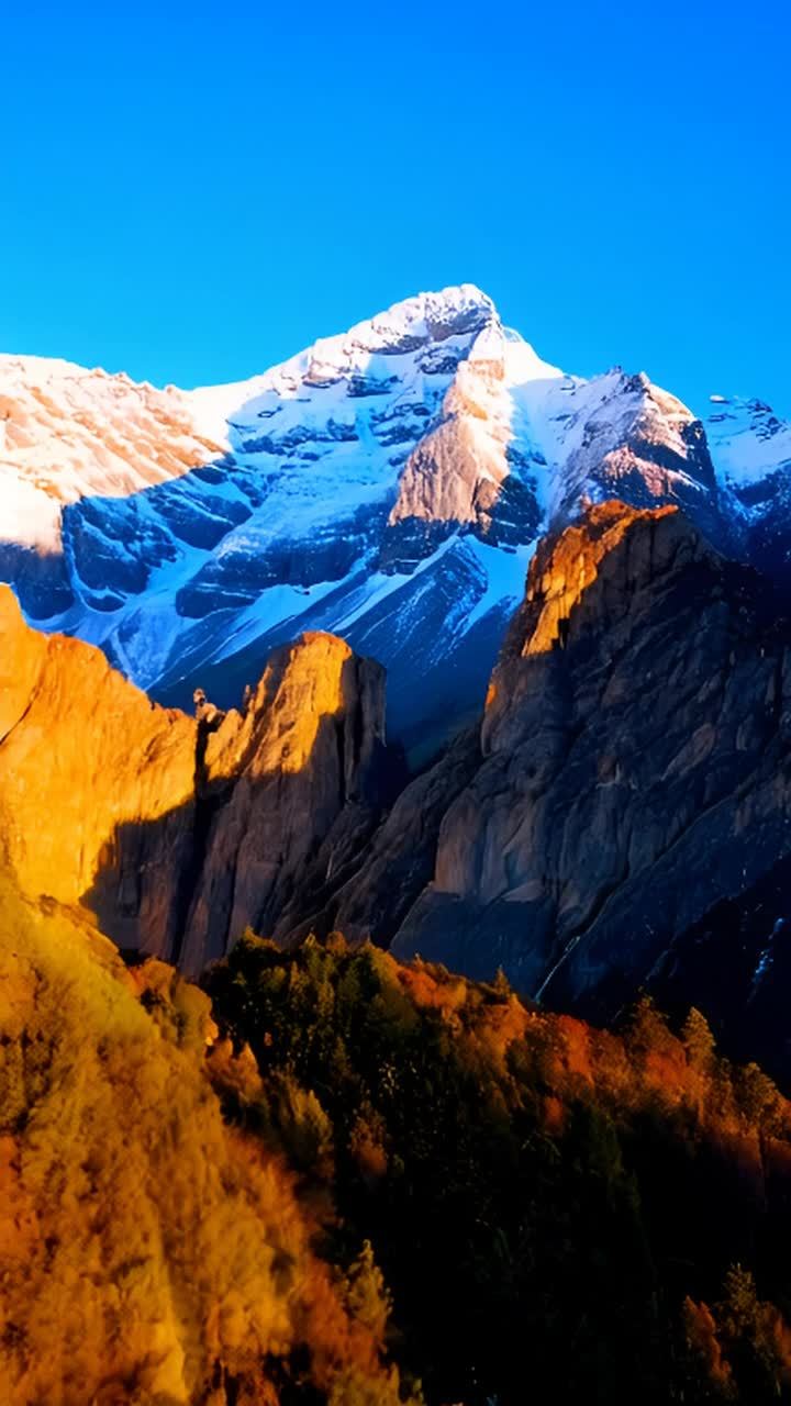 雪山在蓝色天空的映衬下显得巍峨壮丽，山顶覆盖着白雪
